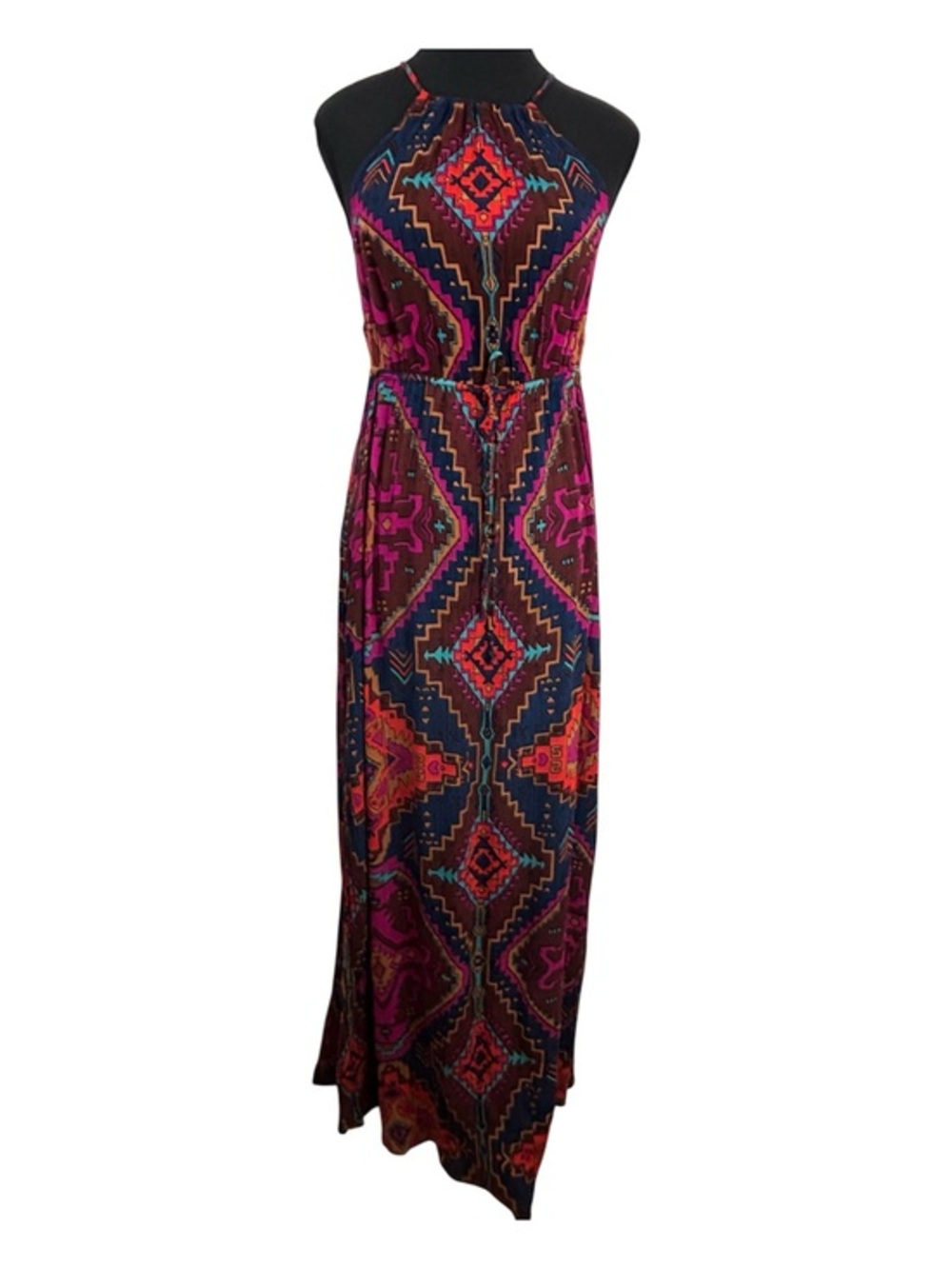 Billabong Maxi Dress M Boho Southwestern Tribal Print Halter Cross Back Festival